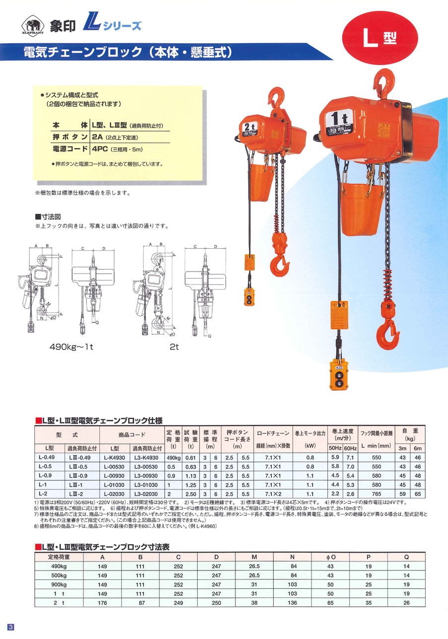 マーケティング 象印チェンブロック ELEPHANT 単相100V電気トロリ式電気チェーンブロック 1速型 160KG ASMK1630 