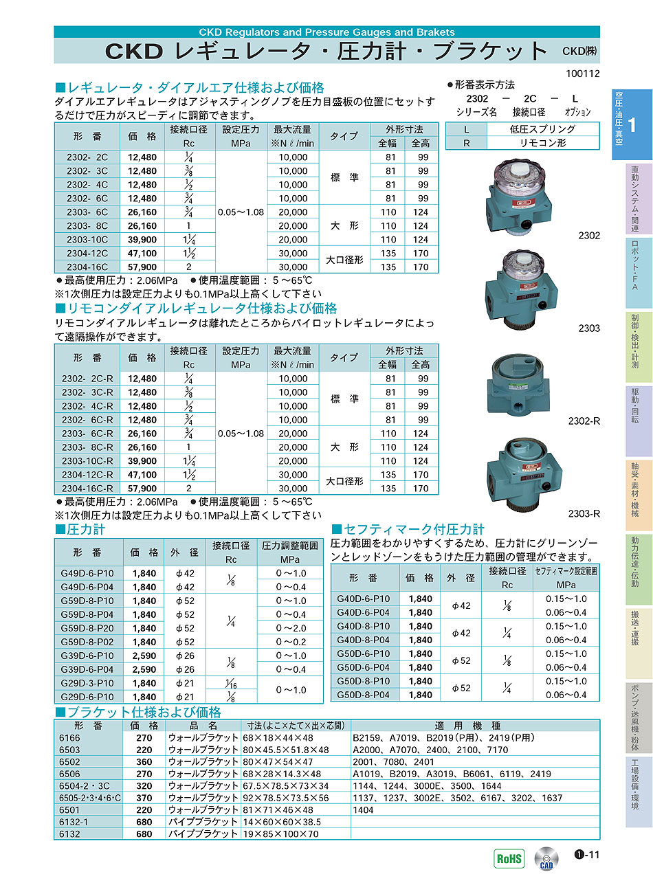 レギュレータ・圧力計・ブラケット｜CKD(株)｜価格・形式・仕様・資料 