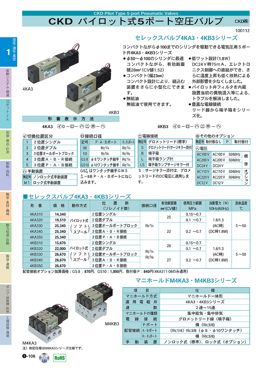 CKD CKD セレックスバルブ パイロット式5ポート弁 4KB430-15-DC24V