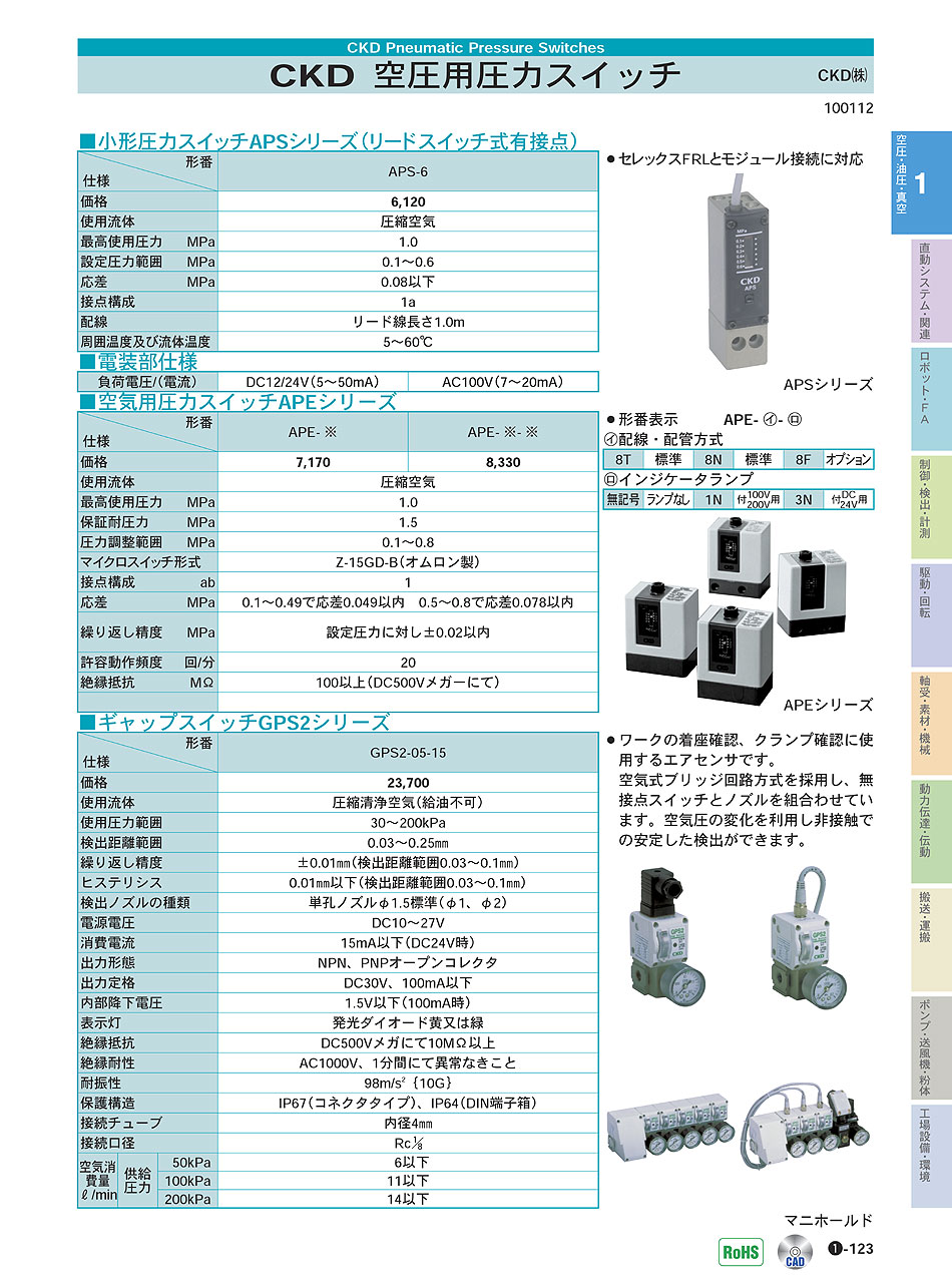 CKD(株) 空圧用圧力スイッチ ギャップスイッチ 空圧・油圧・真空機器 P01-123 価格