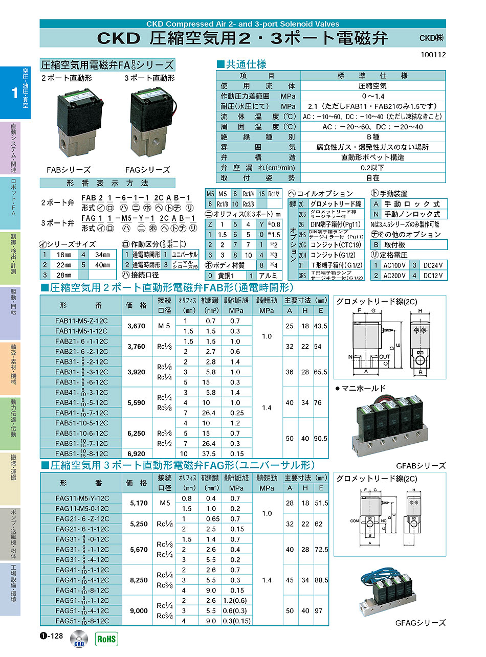 CKD(株)　圧縮空気用2・3ポート電磁弁　2ポート直動形電磁弁　3ポート直動形電磁弁　空圧・油圧・真空機器　P01-128　価格