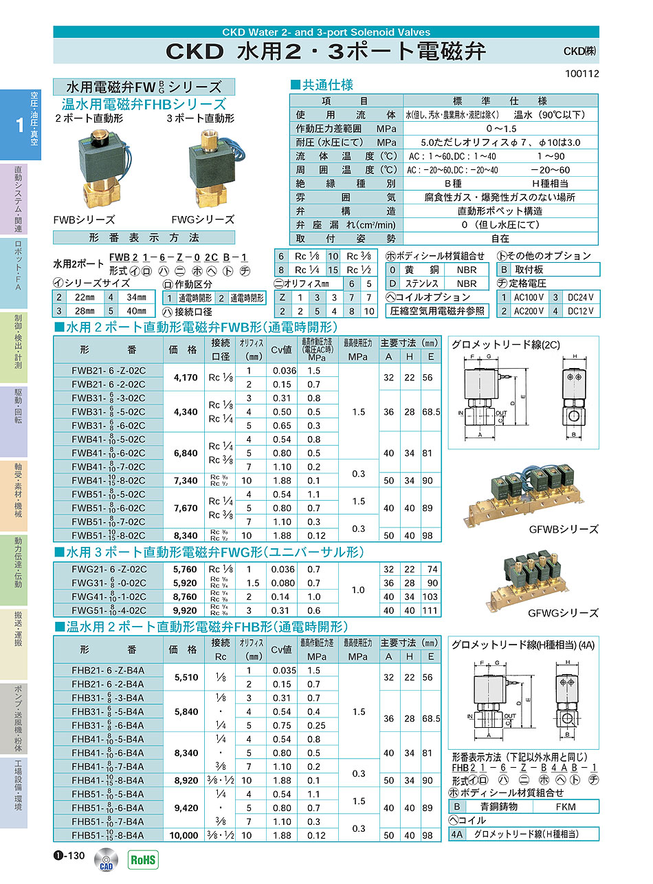 CKD(株)　水用2・3ポート電磁弁　空圧・油圧・真空機器　P01-130　価格