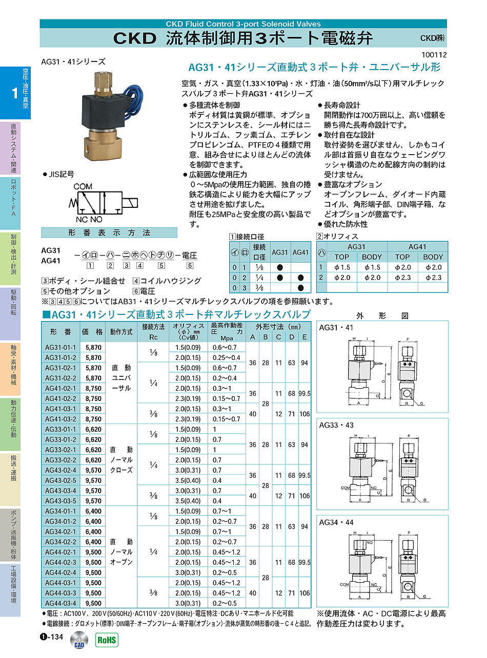 CKD(株)　流体制御用3ポート電磁弁　空圧・油圧・真空機器　P01-134　価格