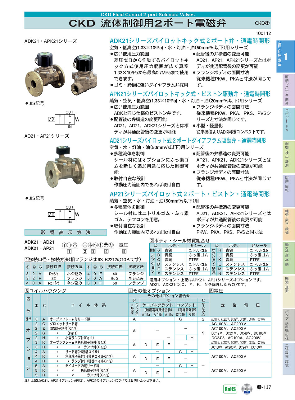 CKD(株)　流体制御用2ポート電磁弁 パイロット式2ポート・ピストン駆動弁 空圧・油圧・真空機器 P01-137 価格