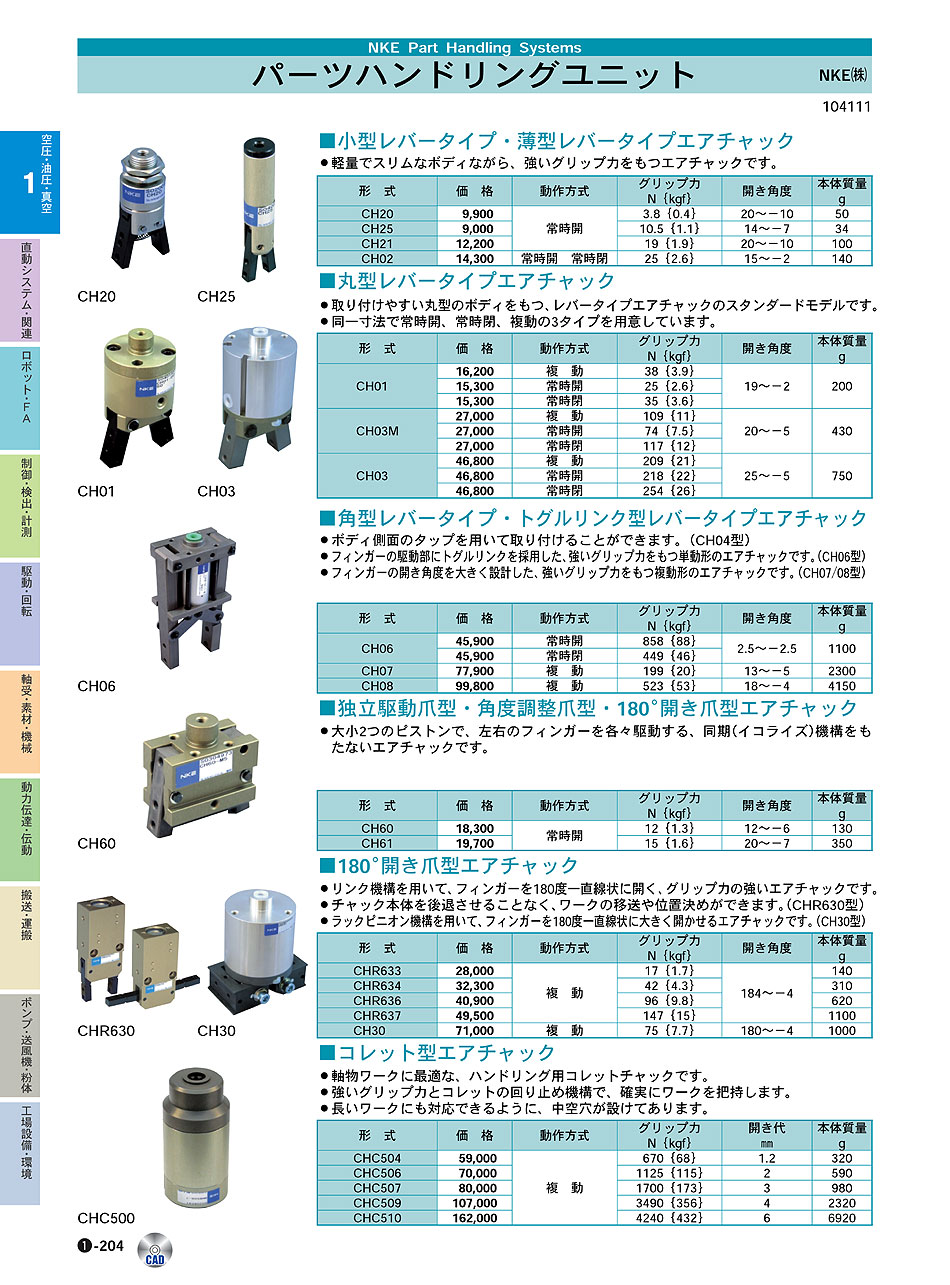 NKE(株)　パーツハンドリングユニット　コレット型エアチャック　空圧・油圧・真空機器　P01-204　価格