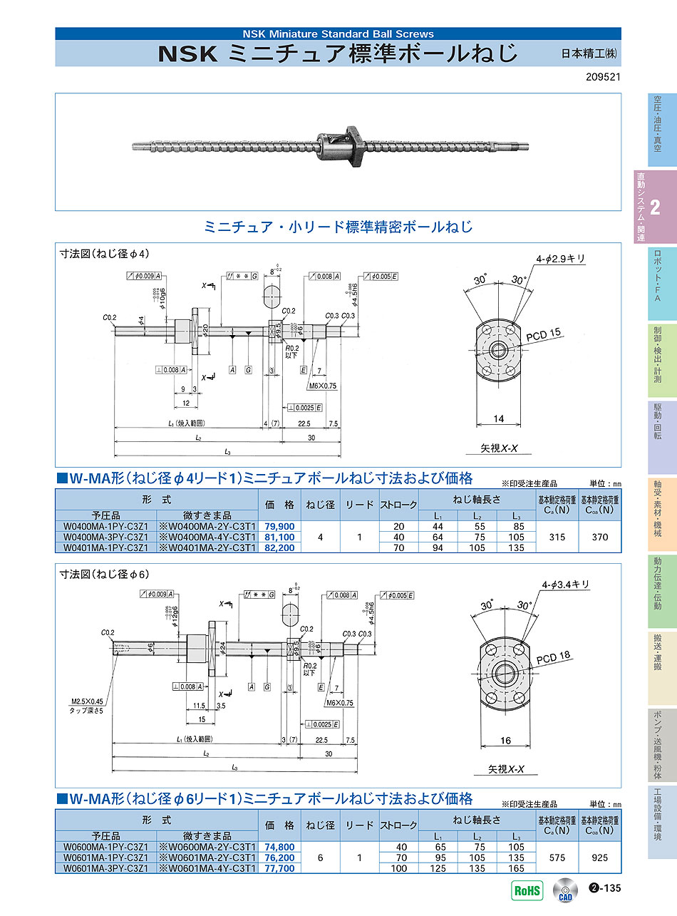 日本精工(株)　ミニチュア標準ボールねじ　直動システム・関連機器　P02-135　価格