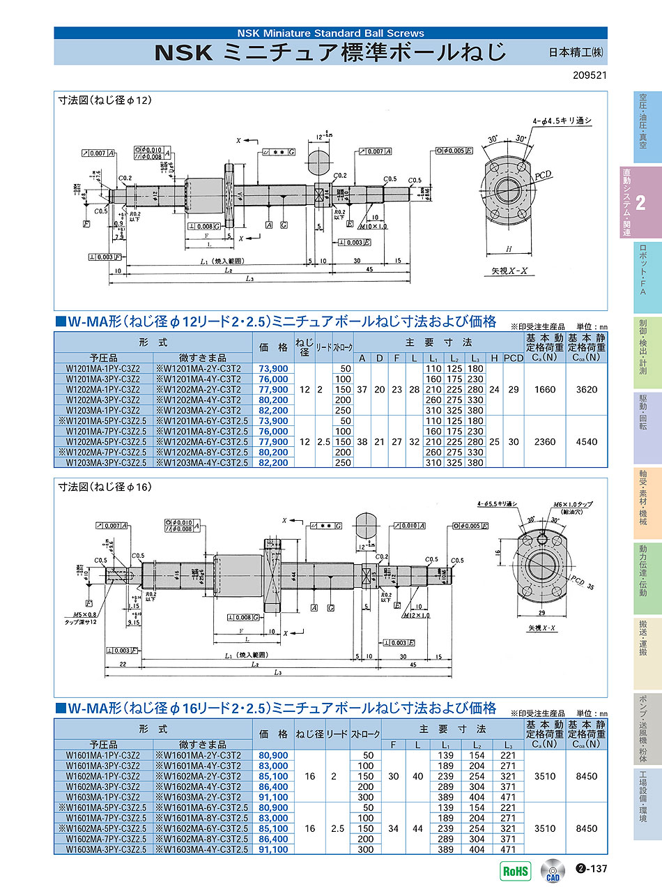 日本精工(株)　ミニチュア標準ボールねじ　直動システム・関連機器　P02-137　価格
