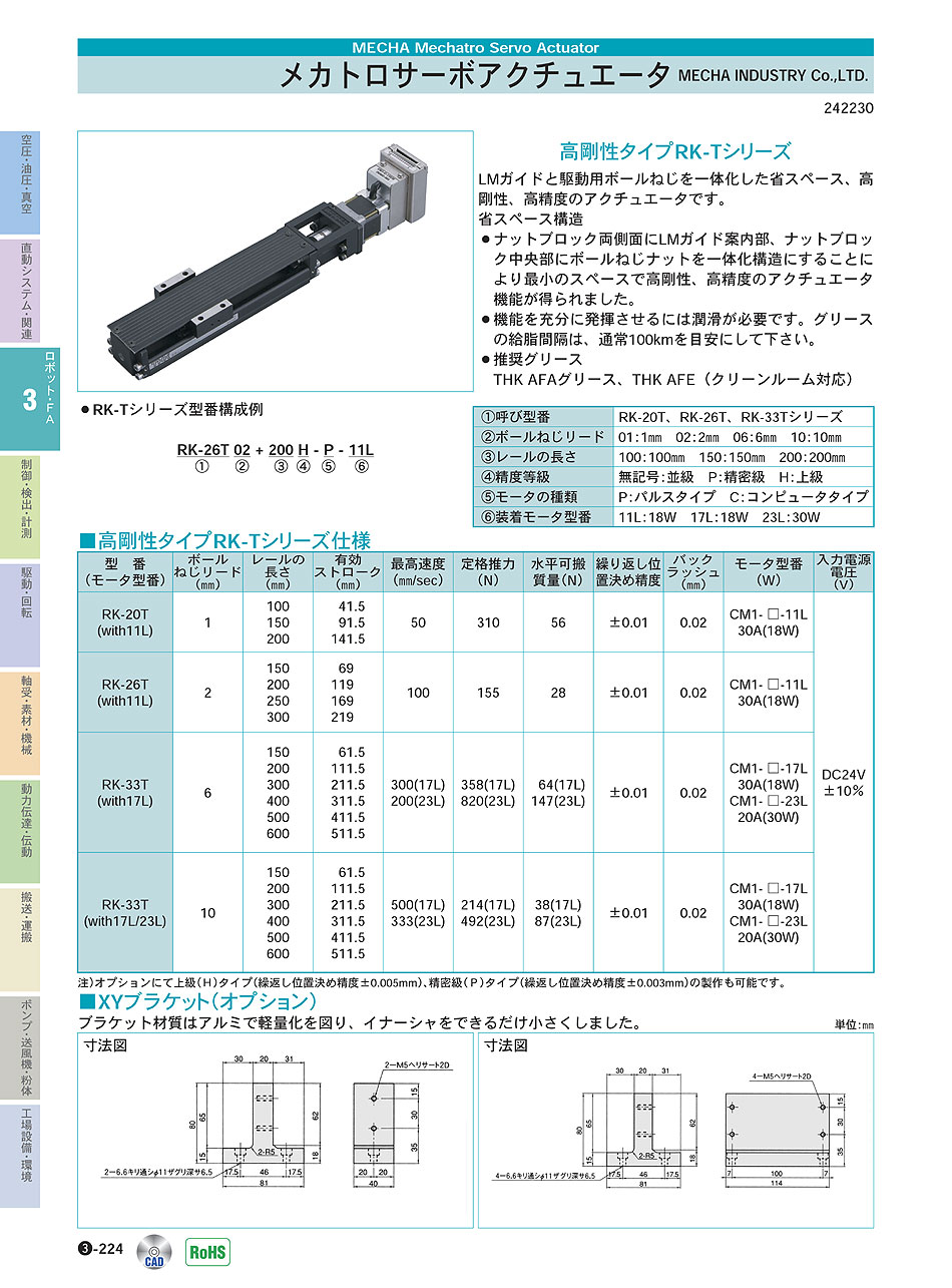 MECHA_INDUSTRY_Co.,LTD.　高剛性タイプRK-Tシリーズ　メカトロサーボアクチュエータ　ロボット・ＦＡ機器　P03-224　価格