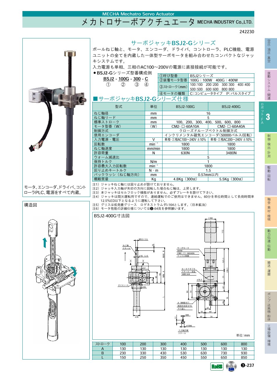MECHA_INDUSTRY_Co.,LTD.　サーボジャッキBSJ2-Gシリーズ　メカトロサーボアクチュエータ　ロボット・ＦＡ機器　P03-237　価格