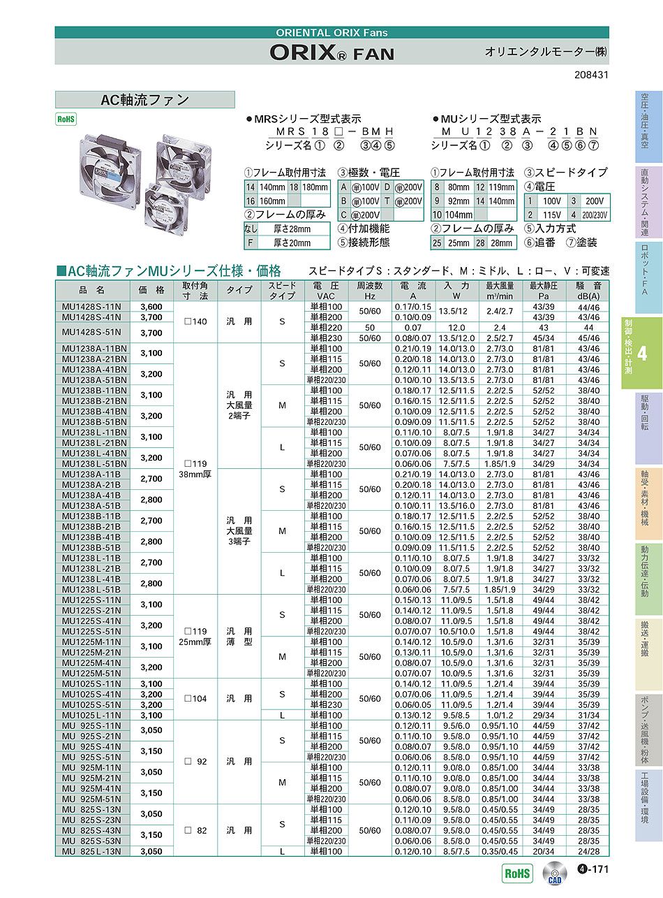 オリエンタルモーター(株)　AC軸流ファン　ORIX FAN　P04-171　制御・検出・計測機器 価格
