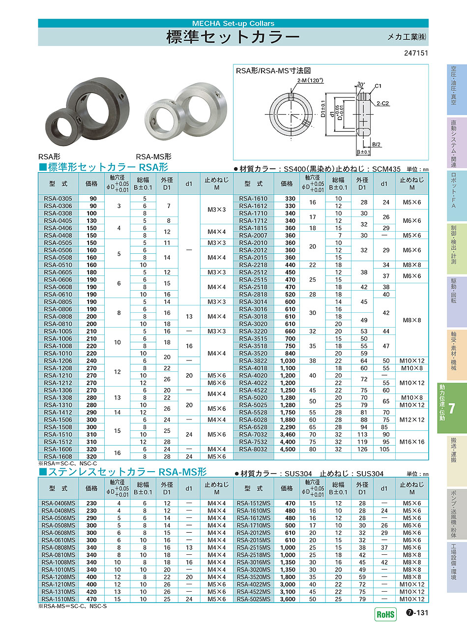 メカ工業(株)　標準セットカラー　動力伝達・伝動機器　P07-131 価格