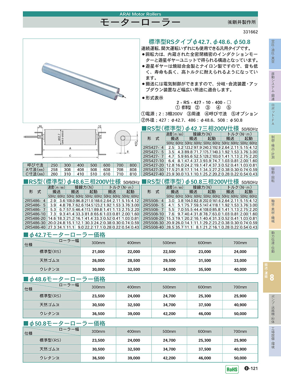 ひし型 ウエストンローラー モーターローラー ３相２００Ｖ ＡＣ標準型 外径６０．５φ 周速１０ ローラー幅 2RS-605-10-800  355-0846