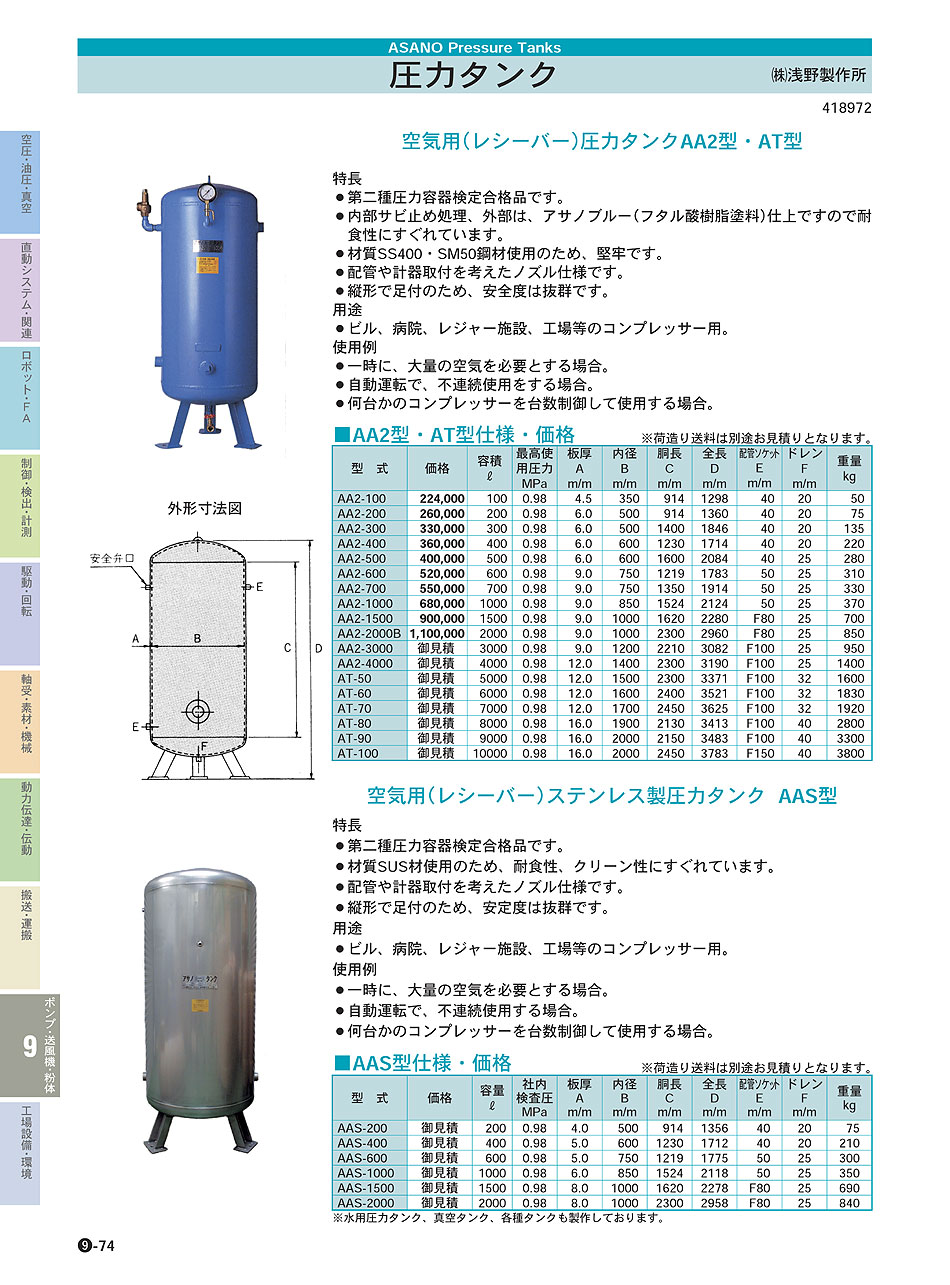 (株)浅野製作所　圧力タンク　レシーバータンク　ポンプ・送風機・粉体機器　P09-074　価格